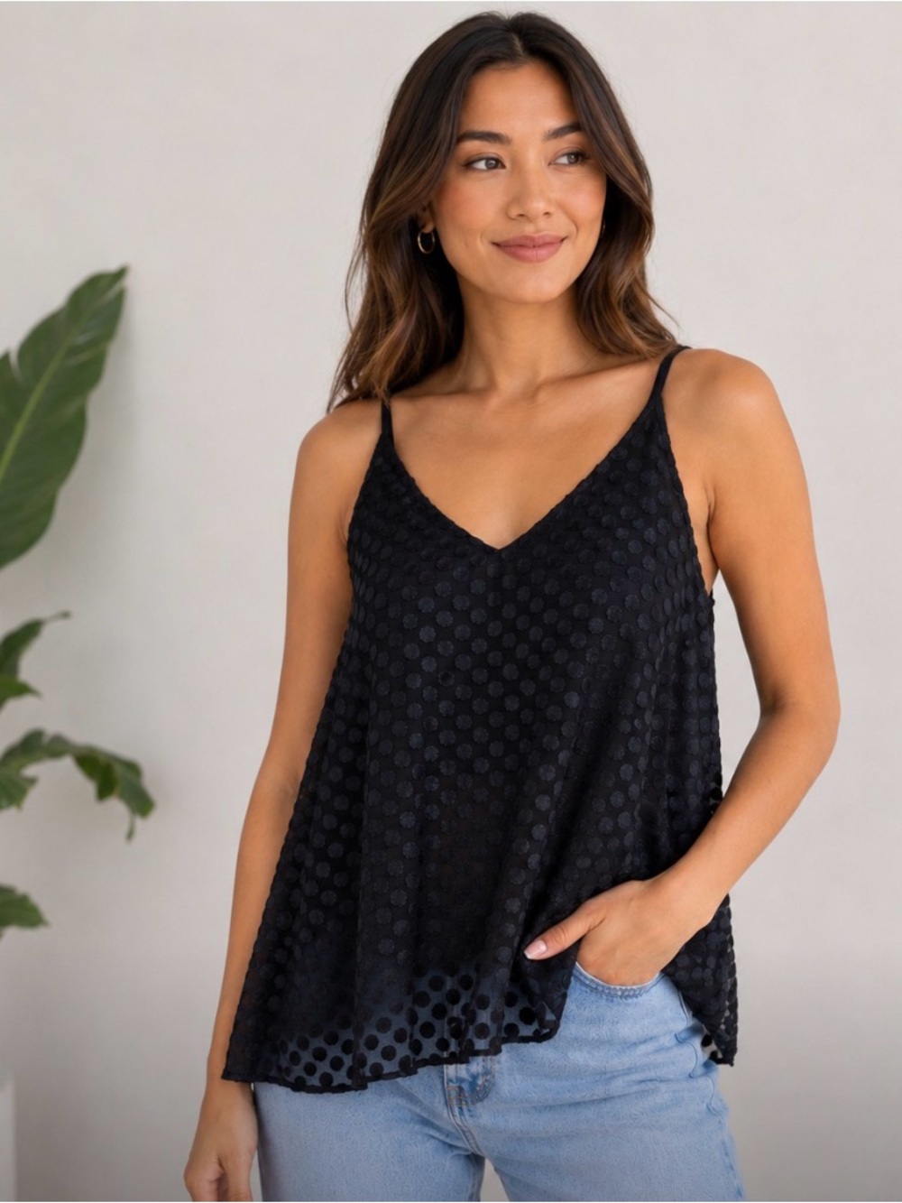 LOFT Black Polka Dot V-Neck Cami